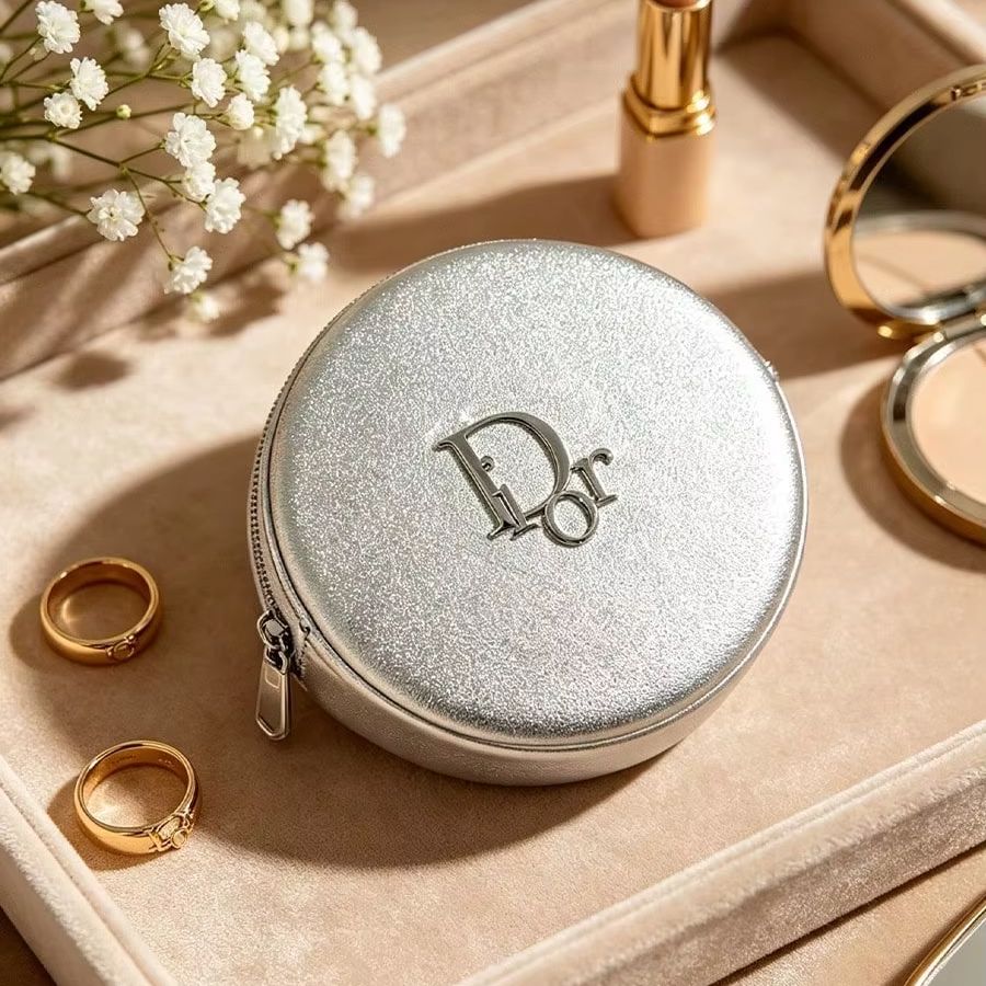 Luxury Bags Dior - Dior Silberne Runde Wasserdichte Tragbare Leder-Kosmetiktasche