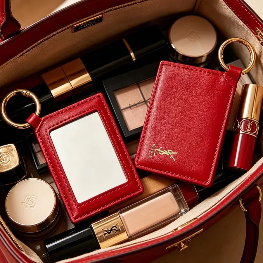 Women Luxury Bags Ysl - YSL Roter Leder Quadratischer Mini-Taschen-Make-up-Spiegel mit